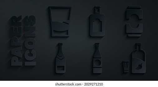 Set Beer bottle, can, Champagne, Vodka with pepper and glass, Whiskey and Glass of vodka icon. Vector