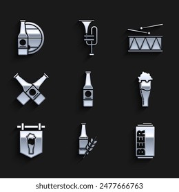 Set Beer bottle, can, Glass of beer, Street signboard with glass, Crossed, Musical instrument drum and drum sticks and wooden barrel icon. Vector