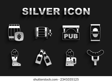Set Beer bottle, can, Sausage on the fork, Wooden beer mug, Boot glass, Street signboard with Pub, barrel and  icon. Vector