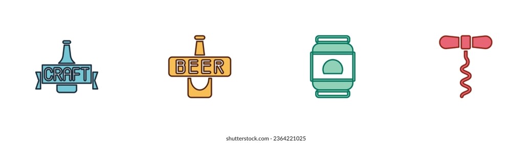 Set Beer bottle, , can and Wine corkscrew icon. Vector