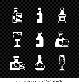 Set Beer bottle and beer can, Wine, Whiskey, glass, Bottle of cognac or brandy, Glass champagne,  and vodka icon. Vector
