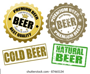 Set of beer bottle cap label and beer grunge rubber stamps, vector illustration