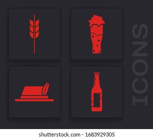 Set Beer bottle, Cereals set with rice, wheat, corn, oats, rye, barley, Glass of beer and Oktoberfest hat icon. Vector