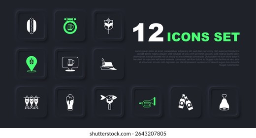 Set Beer bottle, Chicken leg, Wooden beer mug, Trumpet, Wheat, Glass of, Street signboard with and Dried fish icon. Vector