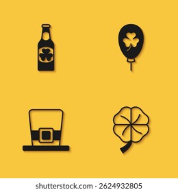 Set Beer bottle with clover, Four leaf, Leprechaun hat and Balloon trefoil icon with long shadow. Vector