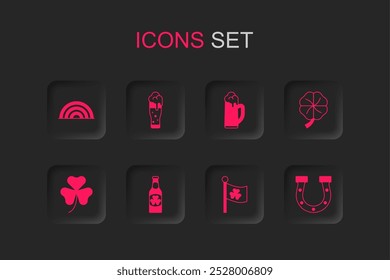 Set Beer bottle with clover, Glass of beer, Rainbow, Ireland flag, Four leaf, Horseshoe,  and Clover trefoil icon. Vector