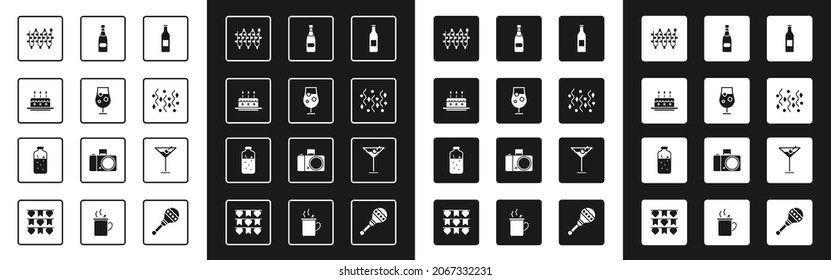 Set Beer Bottle, Cocktail And Alcohol Drink, Cake With Burning Candles, Christmas Lights, Festive Confetti, Champagne, Martini Glass And Mulled Wine Icon. Vector