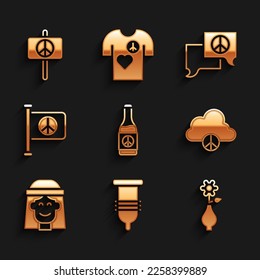 Set Bierflasche, Kondom, Blume in Vase, Peace Cloud, Hippie Mädchen, Flag Frieden, Reden Blase Chat und Symbol. Vektorgrafik