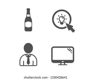 Set of Beer bottle, Energy and Human icons. Computer sign. Brewery, Turn on the light, Person profile. Pc component.  Classic design beer bottle icon. Flat design. Vector