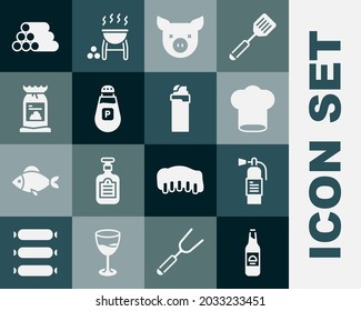 Set Beer bottle, Fire extinguisher, Chef hat, Pig, Pepper, Barbecue coal bag, Wooden logs and Lighter icon. Vector