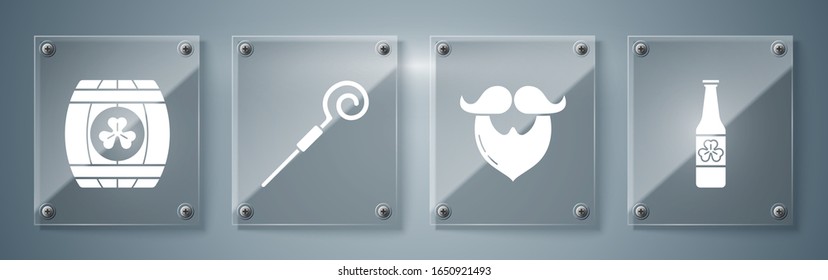 Set Beer bottle with four leaf clover, Mustache and beard, Walking stick and Wooden barrel with four leaf clover. Square glass panels. Vector