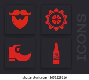 Set Beer bottle with four leaf clover, Mustache and beard, Bottle cap with four leaf clover and Tradition leprechaun boots icon. Vector
