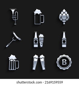 Set Beer bottle and glass, Glass of beer, Bottle cap with inscription, Wooden mug, Sausage the fork, Hop and Musical instrument trumpet icon. Vector
