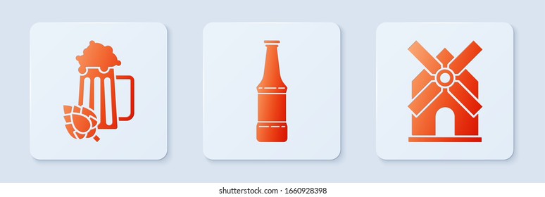 Set Beer bottle, Glass of beer and hop and Windmill. White square button. Vector