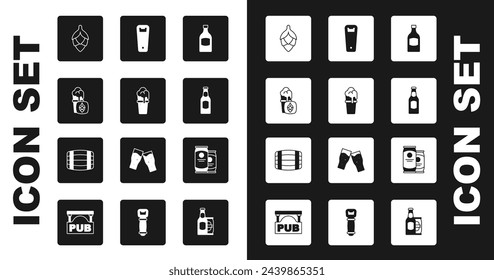 Set Beer bottle, Glass of beer, Hop, Bottle opener, can and Wooden barrel icon. Vector