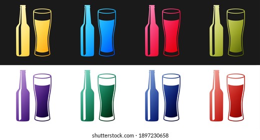 Set Beer bottle and glass icon isolated on black and white background. Alcohol Drink symbol. Vector.