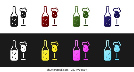 Set Beer bottle and glass icon isolated on black and white background. Alcohol Drink symbol.  Vector