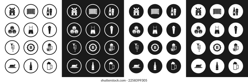 Set Beer bottle and glass, Lederhosen, Wooden barrel on rack with stopcock, Windmill, Glass of beer, Musical instrument accordion, hop and trumpet icon. Vector