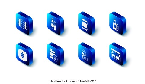 Set Beer bottle and glass, Metal beer keg, can, Street signboard with Pub, Glass of, Hop and Wooden barrel icon. Vector