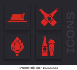 Set Beer bottle and glass, Oktoberfest hat, Crossed beer bottle and Hop icon. Vector