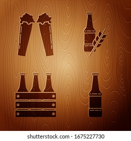 Set Beer bottle, Glass of beer, Pack of beer bottles and Beer bottle on wooden background. Vector