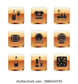 Set Beer bottle and glass, Plastic beer, tap with, Wooden barrel on rack, Conveyor band,, bubbles and T-shirt icon. Vector