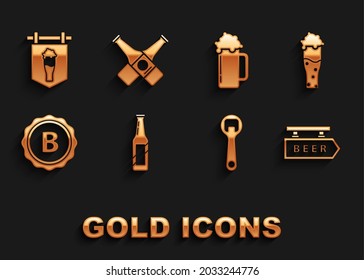 Set Beer bottle, Glass of beer, Street signboard with inscription, Bottle opener, cap, glass and Crossed icon. Vector