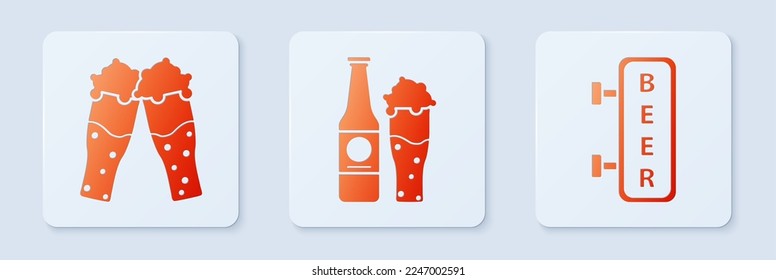 Set Bierflasche und Glas, Glas Bier und Straße Schild mit Inschrift Bier. Weißer Quadrat-Knopf. Vektorgrafik