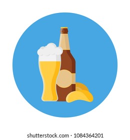 Set of Beer bottle, glass and tomato chips isolated on blue background. Vector illustration for banners, posters, restaurant and pub menu.