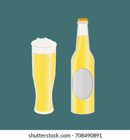 Set of beer bottle and glass. Vector icon with alcoholic beverages. Wheat beer, lager, craft beer, ale.