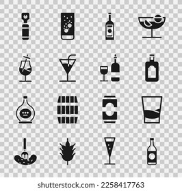 Set Beer bottle, Glass of vodka, Whiskey, Cocktail, Bottle opener and Wine with glass icon. Vector