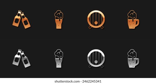 Set Beer bottle, Glass of beer, Wooden barrel and  icon. Vector