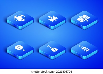 Set Beer bottle, The heart world - love, Guitar, Smile face, Marijuana and No war icon. Vector