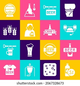 Set Beer bottle, helmet, Street signboard with, Happy man beer, Wheat, Wooden barrel on rack and  icon. Vector
