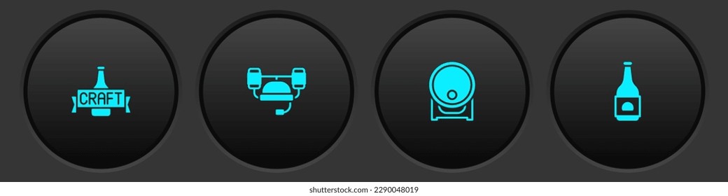 Set Beer bottle, helmet, Wooden barrel on rack and  icon. Vector
