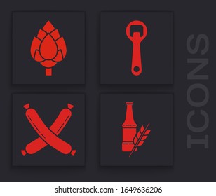 Set Beer bottle, Hop, Bottle opener and Crossed sausage icon. Vector