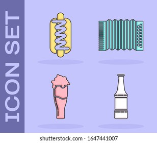 Set Beer bottle, Hotdog sandwich with mustard, Glass of beer and Musical instrument accordion icon. Vector