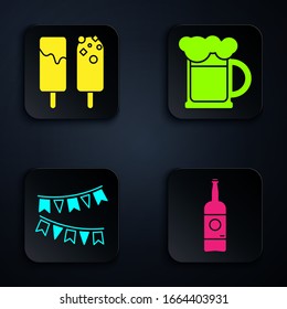 Set Beer bottle , Ice cream , Carnival garland with flags  and Wooden beer mug . Black square button. Vector