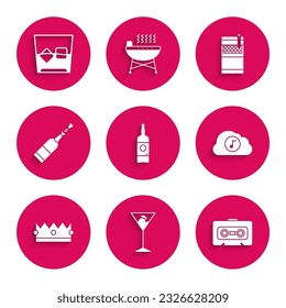 Set Beer bottle, Martini glass, Retro audio cassette tape, Music streaming service, Crown, Champagne, Open cigarettes pack box and Glass of whiskey and cubes icon. Vector
