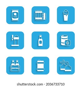 Set Beer bottle, Metal beer keg, brewing process, Pack of bottles, Dispenser, Glass and can icon. Vector