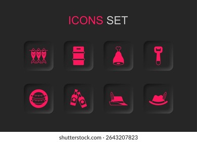 Set Beer bottle, Metal beer keg, Dried fish, Oktoberfest hat, Bottle opener, Chicken leg and Sausage icon. Vector