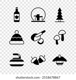 Set Beer bottle, Montreal Biosphere, Canadian spruce, Stone for curling, Acorn, Christmas sweater, Beanie hat and Peameal bacon icon. Vector