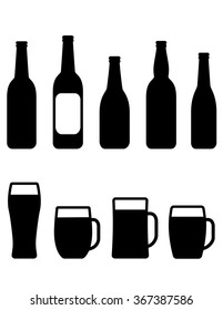 set of beer bottle and mug black silhouette