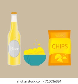 Set of beer bottle, mug and snack made in flat style. Light beer with crispy potato chips. Vector illustration for banners, posters, restaurant and pub menu.