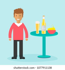 Set of beer bottle, mugs and glasses with young man. Vector icon with alcoholic beverages. Wheat beer, lager, craft beer, ale.