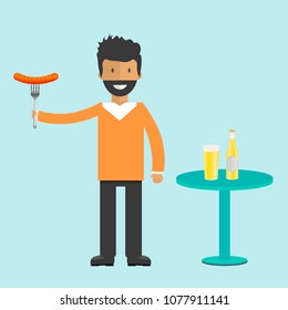 Set of beer bottle, mugs and glasses with young man. Vector icon with alcoholic beverages. Wheat beer, lager, craft beer, ale.