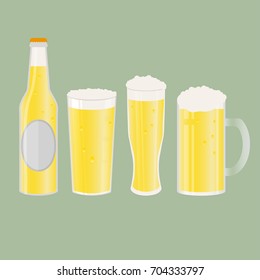Set of beer bottle, mugs and glasses. Vector icon with alcoholic beverages. Wheat beer, lager, craft beer, ale.