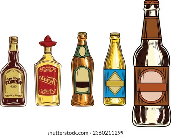 set of beer bottle and mugs. mugs and bottle set vector, beer vector clipart design