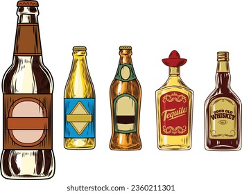 set of beer bottle and mugs. mugs and bottle set vector, beer vector clipart design