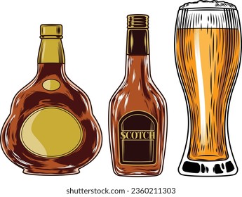 set of beer bottle and mugs. mugs and bottle set vector, beer vector clipart design
